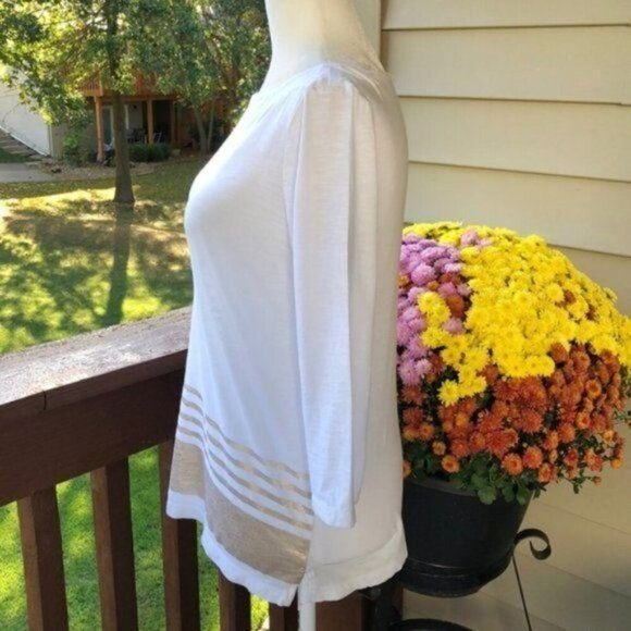 Loft Stripe Boat Neck Top, Ivory & Gold 3/4-Sleeve Cotton Women's Size XS - Picture 5 of 7